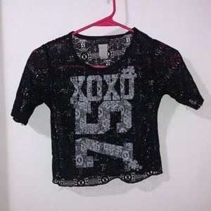 Floral Black Mesh Cropped Tee With Slogan